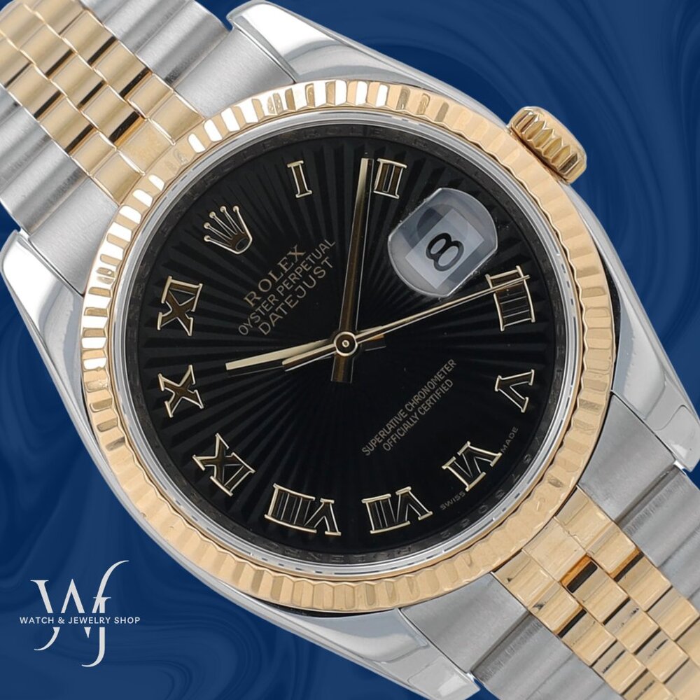 Rolex Datejust 36 116233 Two Tone Black Sunburst Dial Fluted Super Jubilee Band